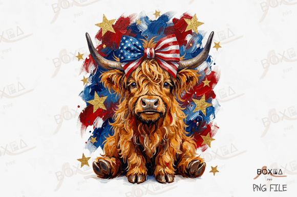 Brushstroke Patriotic Highland Cow PNG