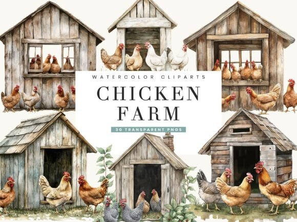 Chicken Farm Clipart Bundle: Elevating Rustic Design with Watercolor Art