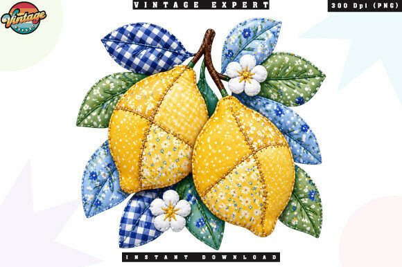 Cottagecore Summer Lemon Patchwork PNG