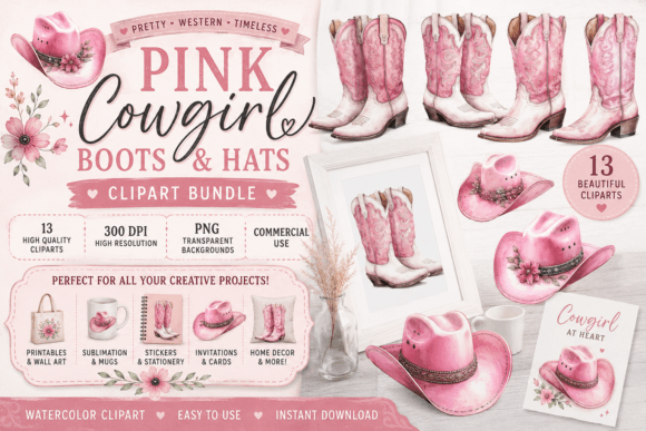 Girly Cowgirl Boots Hats Clipart Pink