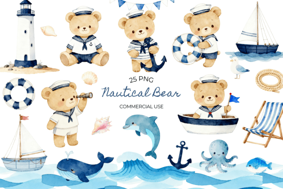 Nautical Teddy Bear Clipart Watercolor