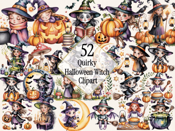 Quirky Halloween Witch Clipart PNG Bundle