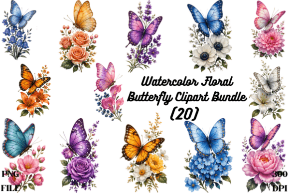 Watercolor Floral Butterfly Clipart PNG
